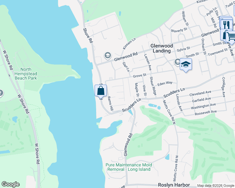map of restaurants, bars, coffee shops, grocery stores, and more near 2 Motts Lane in Glenwood Landing