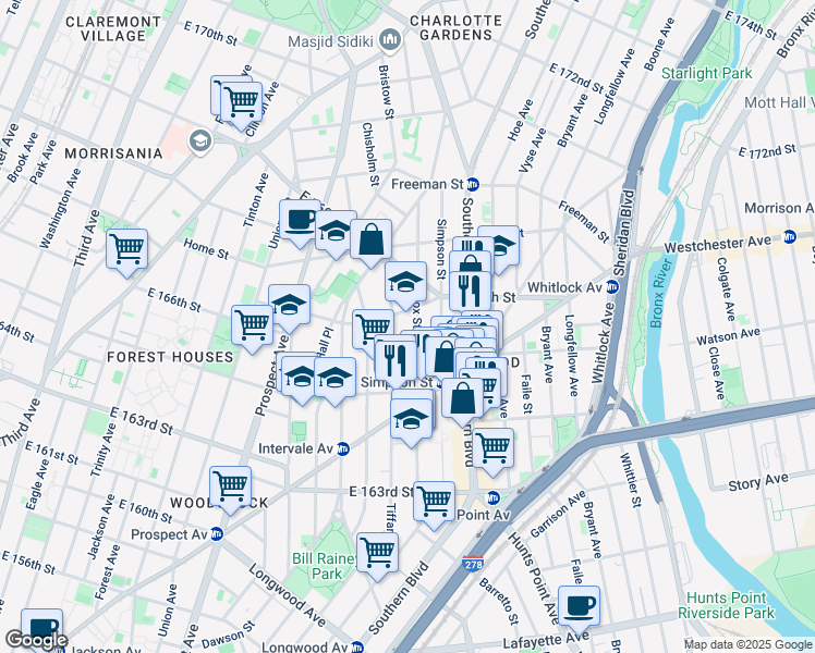 map of restaurants, bars, coffee shops, grocery stores, and more near 920 East 167th Street in Bronx