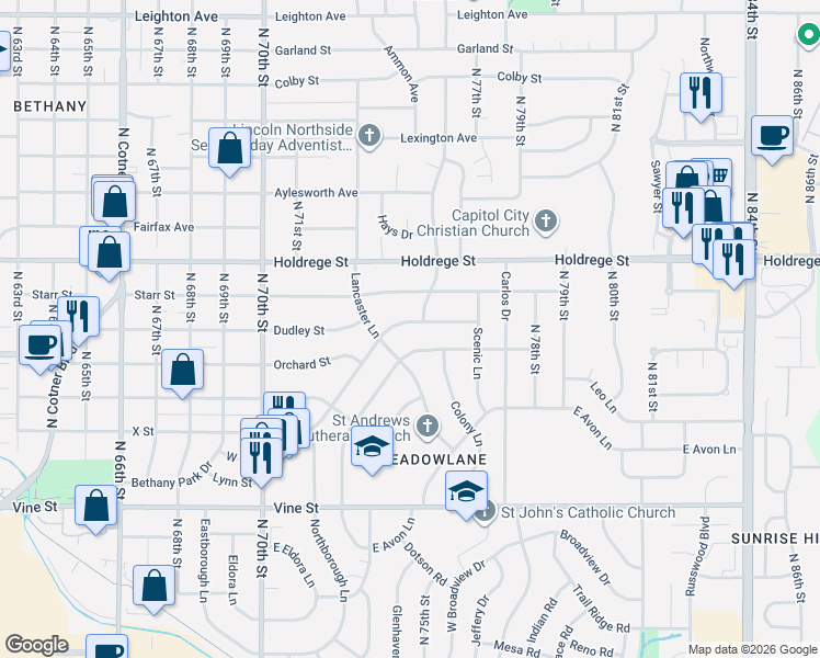 map of restaurants, bars, coffee shops, grocery stores, and more near 1311 West Avon Lane in Lincoln