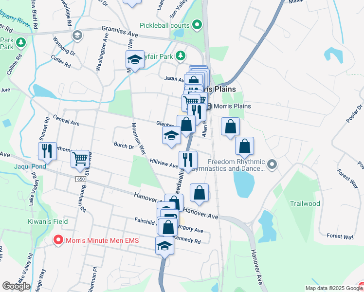 map of restaurants, bars, coffee shops, grocery stores, and more near 500 Speedwell Avenue in Morris Plains
