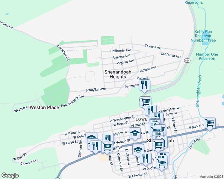 map of restaurants, bars, coffee shops, grocery stores, and more near 210 Schuylkill Avenue in Shenandoah