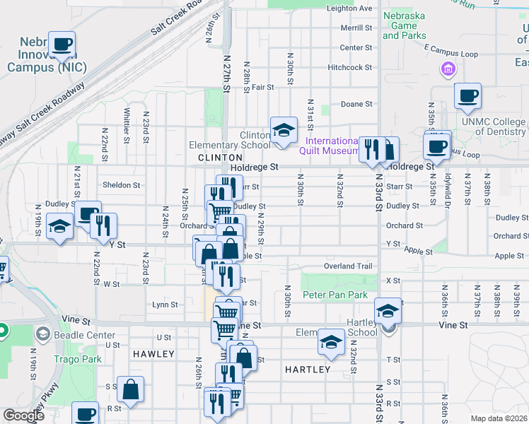 map of restaurants, bars, coffee shops, grocery stores, and more near 2918 Orchard Street in Lincoln