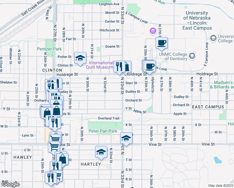 map of restaurants, bars, coffee shops, grocery stores, and more near 3268 Orchard Street in Lincoln
