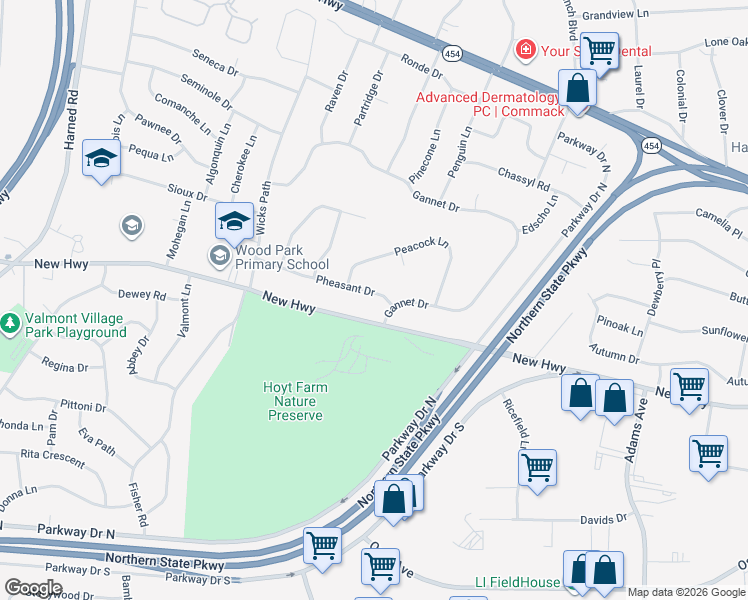 map of restaurants, bars, coffee shops, grocery stores, and more near 30 Pheasant Drive in Commack