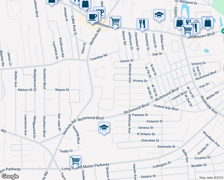 map of restaurants, bars, coffee shops, grocery stores, and more near 105 Richmond Boulevard in Ronkonkoma