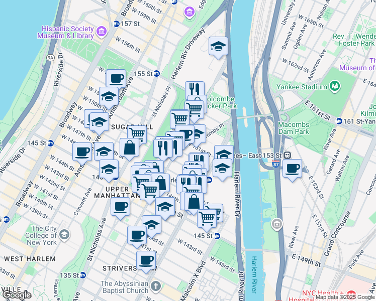 map of restaurants, bars, coffee shops, grocery stores, and more near 28 Macombs Place in New York