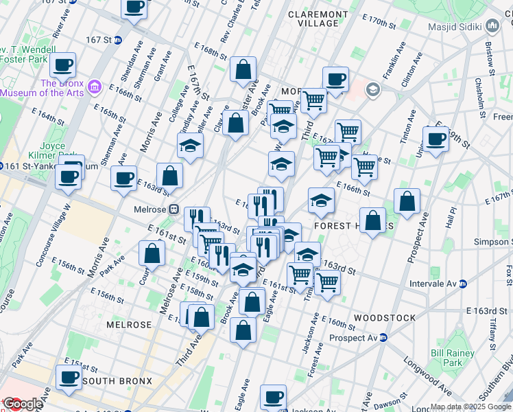 map of restaurants, bars, coffee shops, grocery stores, and more near 485 East 164th Street in The Bronx