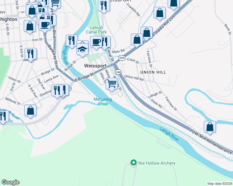map of restaurants, bars, coffee shops, grocery stores, and more near Mill St in Weissport