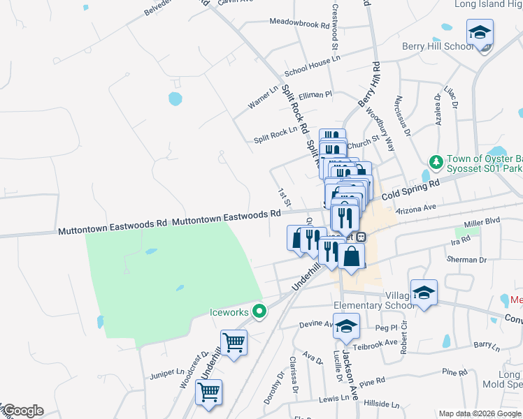 map of restaurants, bars, coffee shops, grocery stores, and more near 93 Muttontown Eastwoods Road in Syosset