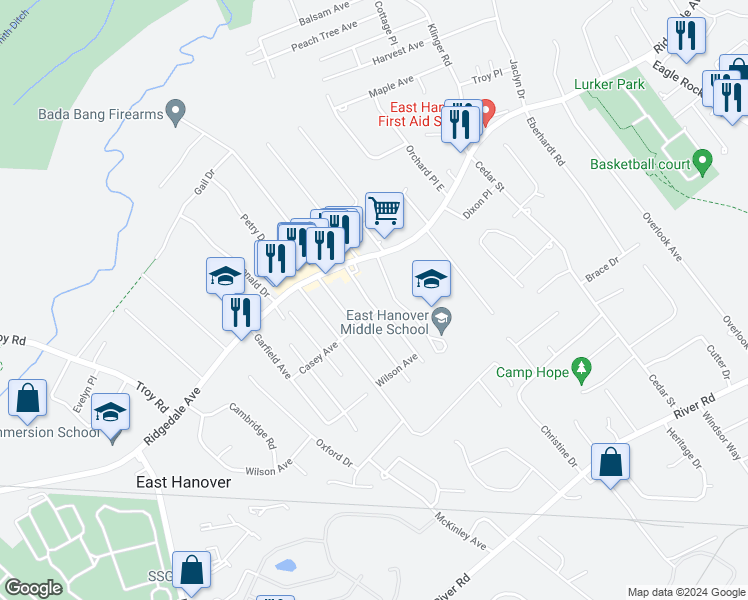map of restaurants, bars, coffee shops, grocery stores, and more near 32 School Avenue in East Hanover