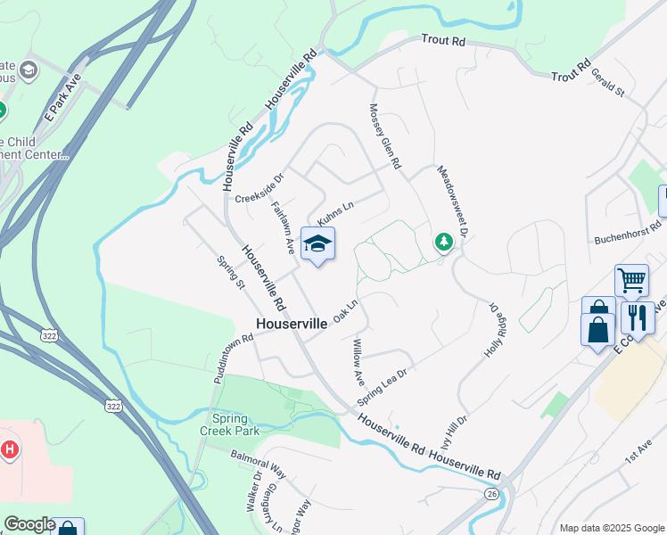 map of restaurants, bars, coffee shops, grocery stores, and more near 217 Scholl Street in State College