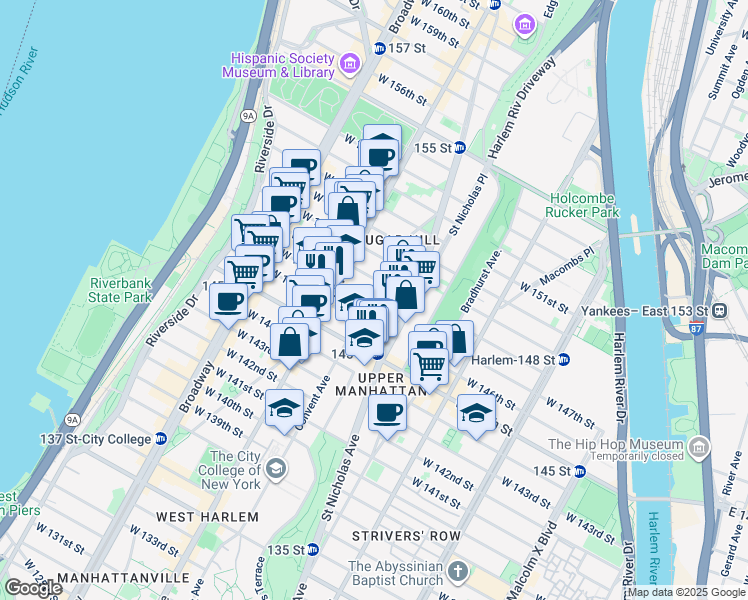 map of restaurants, bars, coffee shops, grocery stores, and more near 401 Convent Avenue in New York