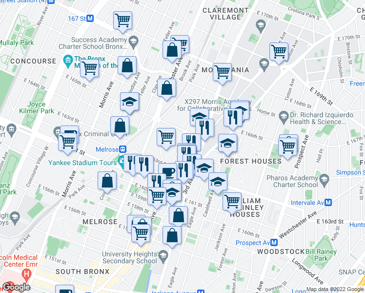 map of restaurants, bars, coffee shops, grocery stores, and more near 485 East 164th Street in The Bronx