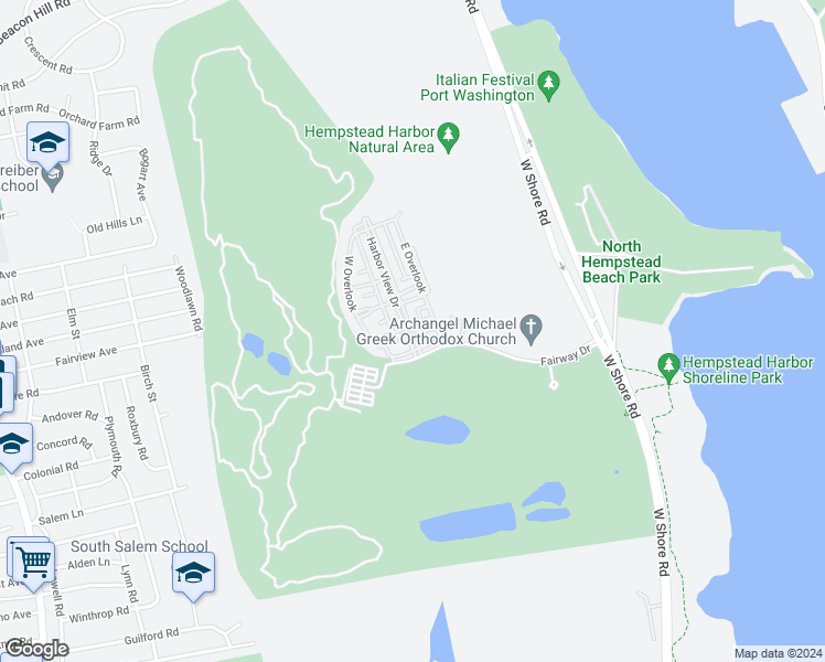 map of restaurants, bars, coffee shops, grocery stores, and more near 100 Harbor View Drive in Port Washington