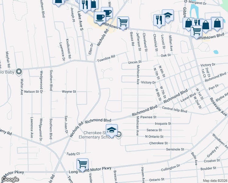 map of restaurants, bars, coffee shops, grocery stores, and more near 95 Richmond Boulevard in Ronkonkoma