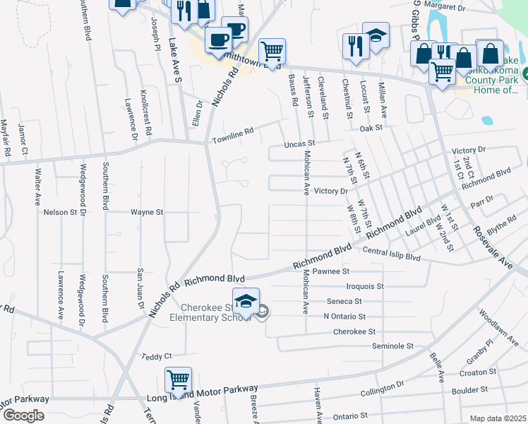 map of restaurants, bars, coffee shops, grocery stores, and more near 108 Mohawk Street in Ronkonkoma