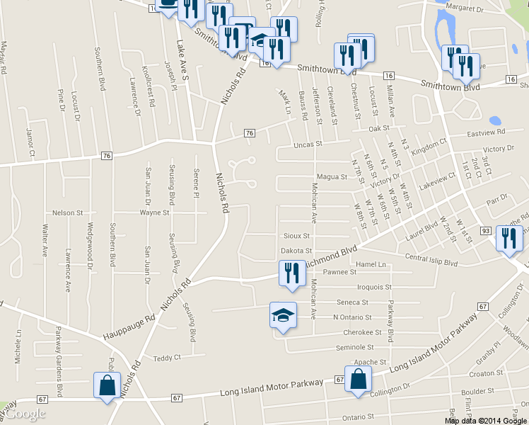 map of restaurants, bars, coffee shops, grocery stores, and more near 89 Richmond Boulevard in Ronkonkoma