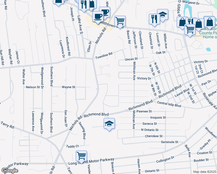 map of restaurants, bars, coffee shops, grocery stores, and more near 89 Richmond Boulevard in Ronkonkoma