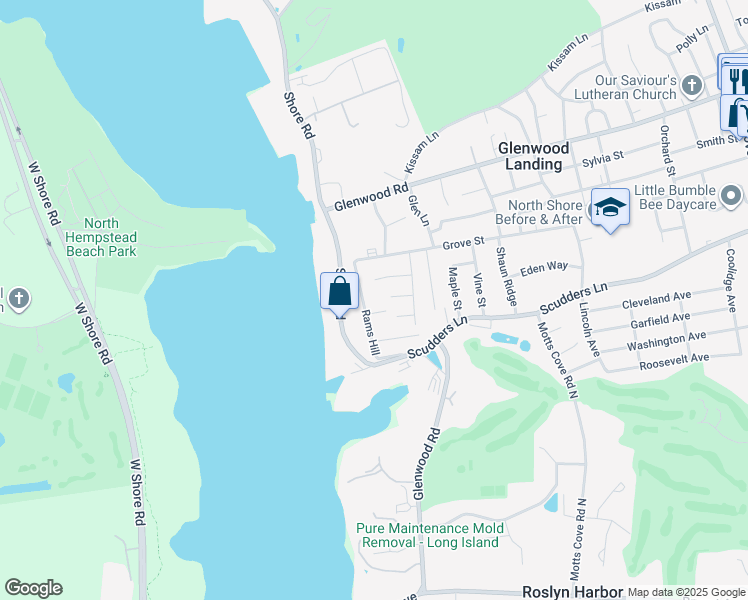 map of restaurants, bars, coffee shops, grocery stores, and more near 2 Motts Lane in Glenwood Landing