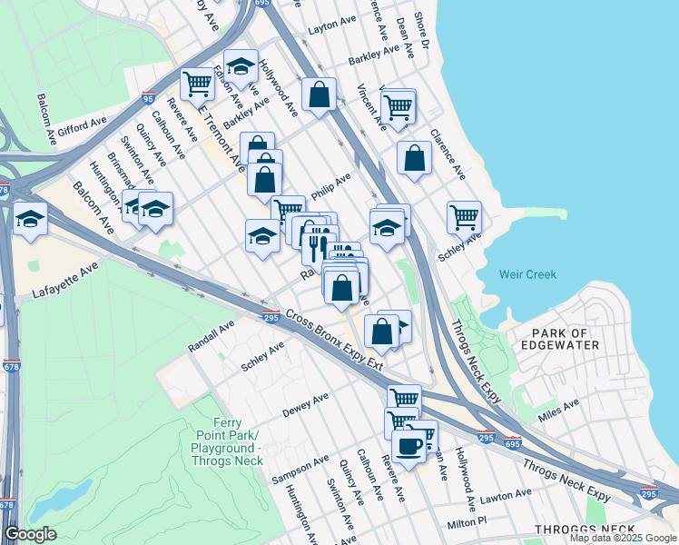 map of restaurants, bars, coffee shops, grocery stores, and more near in The Bronx