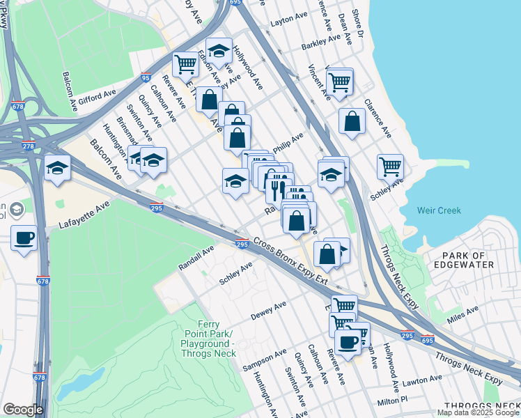 map of restaurants, bars, coffee shops, grocery stores, and more near 2868 Randall Avenue in Bronx