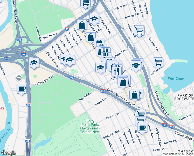 map of restaurants, bars, coffee shops, grocery stores, and more near 725 Quincy Avenue in Bronx