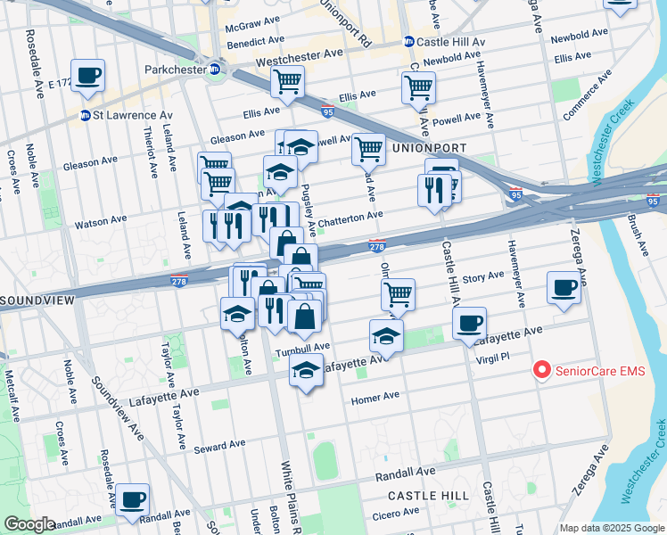 map of restaurants, bars, coffee shops, grocery stores, and more near 2001 Story Avenue in Bronx