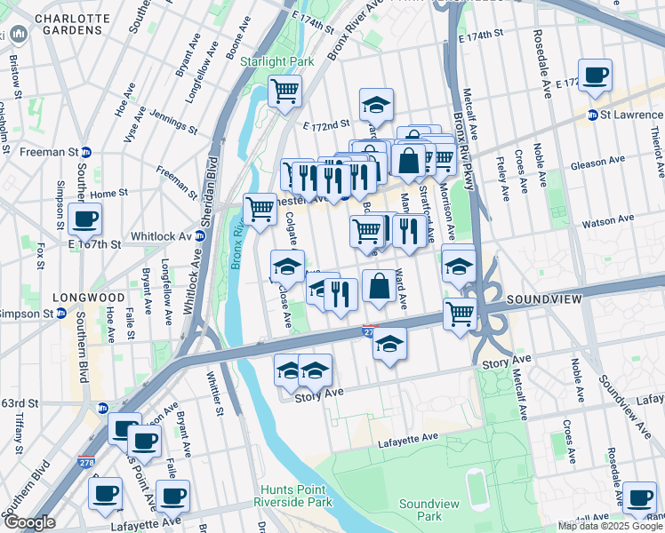 map of restaurants, bars, coffee shops, grocery stores, and more near 1067 Wheeler Avenue in Bronx