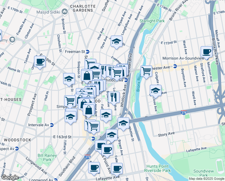 map of restaurants, bars, coffee shops, grocery stores, and more near 1074 Bryant Avenue in Bronx