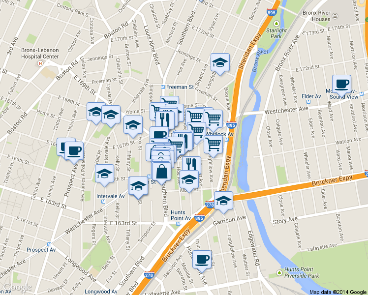 map of restaurants, bars, coffee shops, grocery stores, and more near 1122 Westchester Avenue in The Bronx