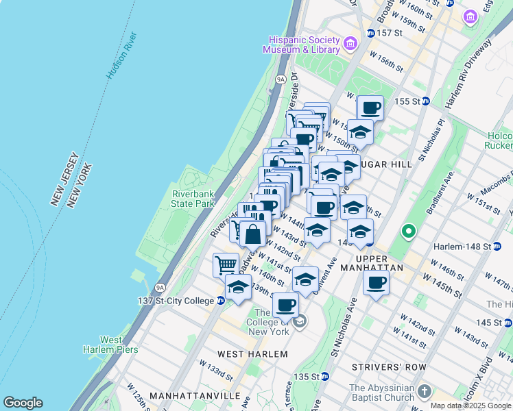 map of restaurants, bars, coffee shops, grocery stores, and more near 3509 Broadway in New York