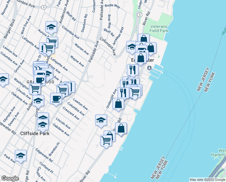 map of restaurants, bars, coffee shops, grocery stores, and more near 366 Undercliff Avenue in Edgewater
