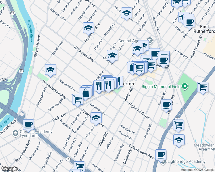map of restaurants, bars, coffee shops, grocery stores, and more near in Rutherford
