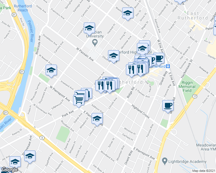 map of restaurants, bars, coffee shops, grocery stores, and more near in Rutherford