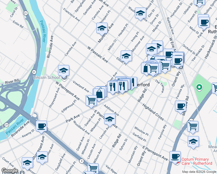 map of restaurants, bars, coffee shops, grocery stores, and more near 305 Mortimer Avenue in Rutherford