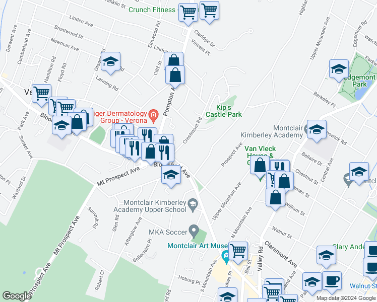 map of restaurants, bars, coffee shops, grocery stores, and more near 415 Claremont Avenue in Montclair