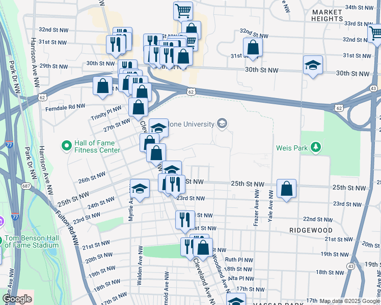 map of restaurants, bars, coffee shops, grocery stores, and more near 917 Woodward Place Northwest in Canton