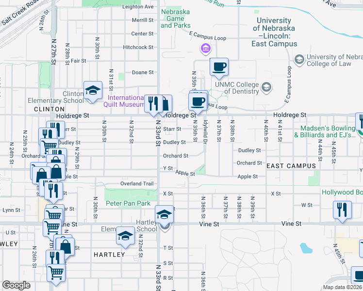 map of restaurants, bars, coffee shops, grocery stores, and more near 3434 Orchard Street in Lincoln