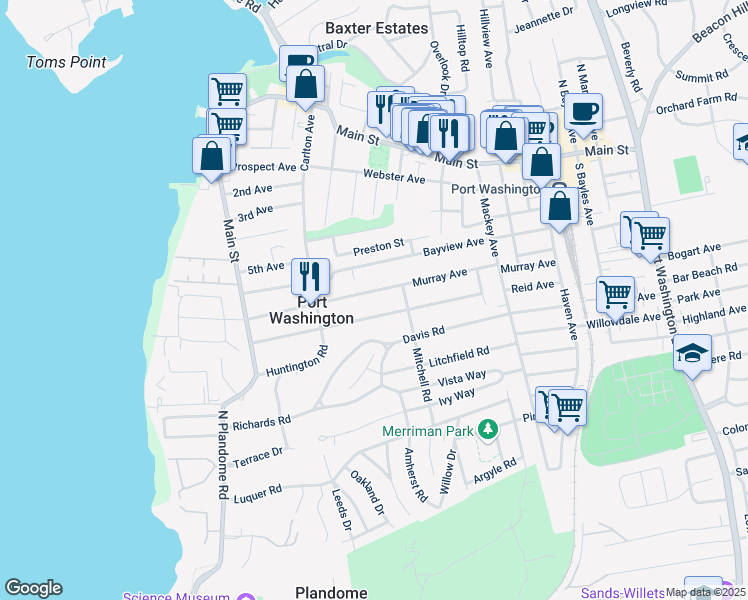 map of restaurants, bars, coffee shops, grocery stores, and more near 64 Reid Avenue in Port Washington