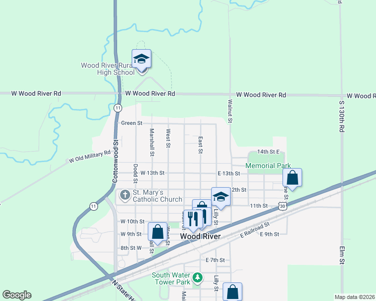 map of restaurants, bars, coffee shops, grocery stores, and more near 1351 Main Street in Wood River