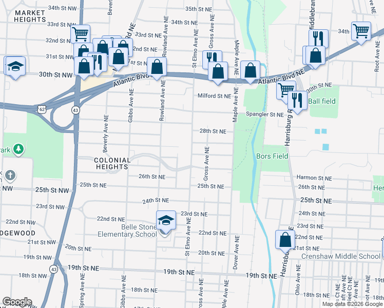map of restaurants, bars, coffee shops, grocery stores, and more near 1501 Warrick Place Northeast in Canton