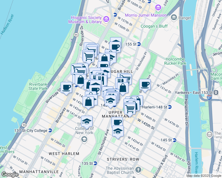 map of restaurants, bars, coffee shops, grocery stores, and more near West 147th Street in New York