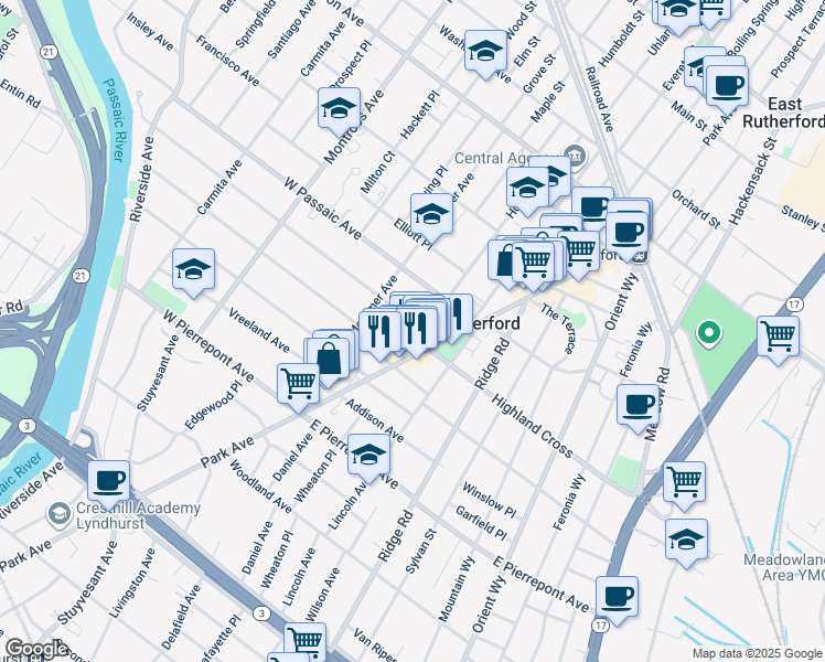 map of restaurants, bars, coffee shops, grocery stores, and more near in Rutherford