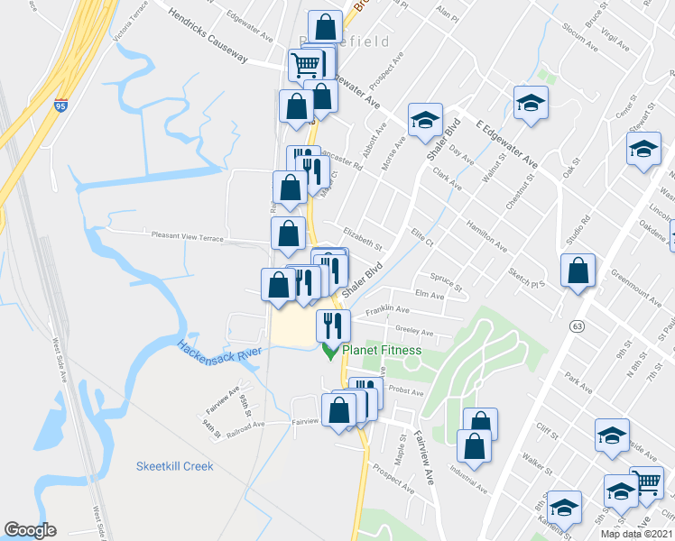 map of restaurants, bars, coffee shops, grocery stores, and more near 21 Van Court Land Place in Ridgefield