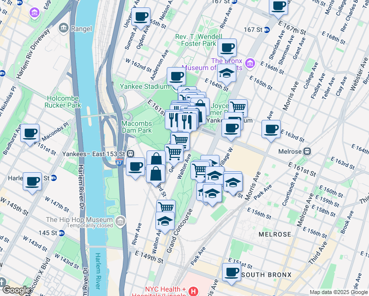 map of restaurants, bars, coffee shops, grocery stores, and more near 129 East 157th Street in The Bronx