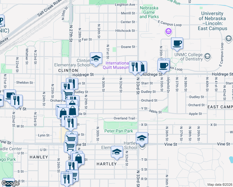 map of restaurants, bars, coffee shops, grocery stores, and more near 3046 Orchard Street in Lincoln