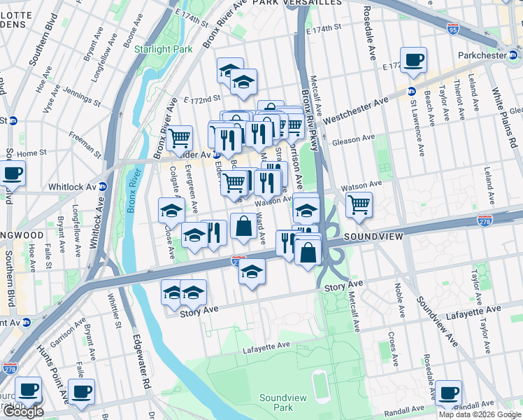 map of restaurants, bars, coffee shops, grocery stores, and more near 1048 Ward Avenue in Bronx