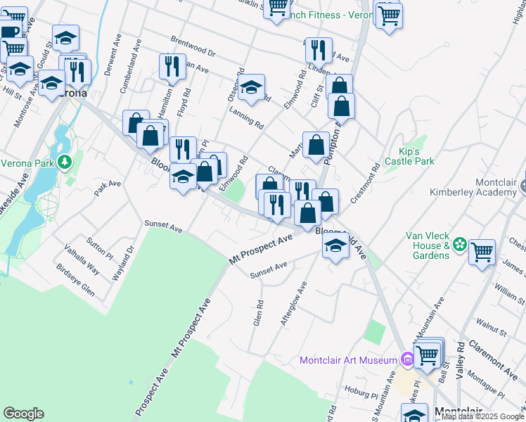 map of restaurants, bars, coffee shops, grocery stores, and more near 159 Bloomfield Avenue in Verona
