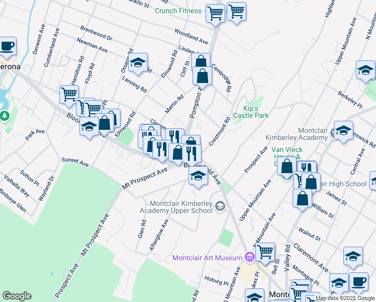 map of restaurants, bars, coffee shops, grocery stores, and more near 16 Bloomfield Avenue in Verona