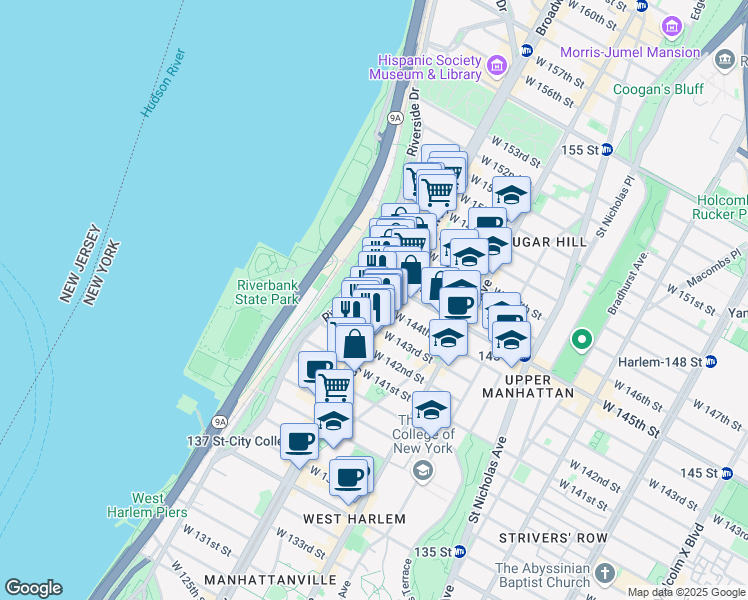 map of restaurants, bars, coffee shops, grocery stores, and more near 601 West 144th Street in New York
